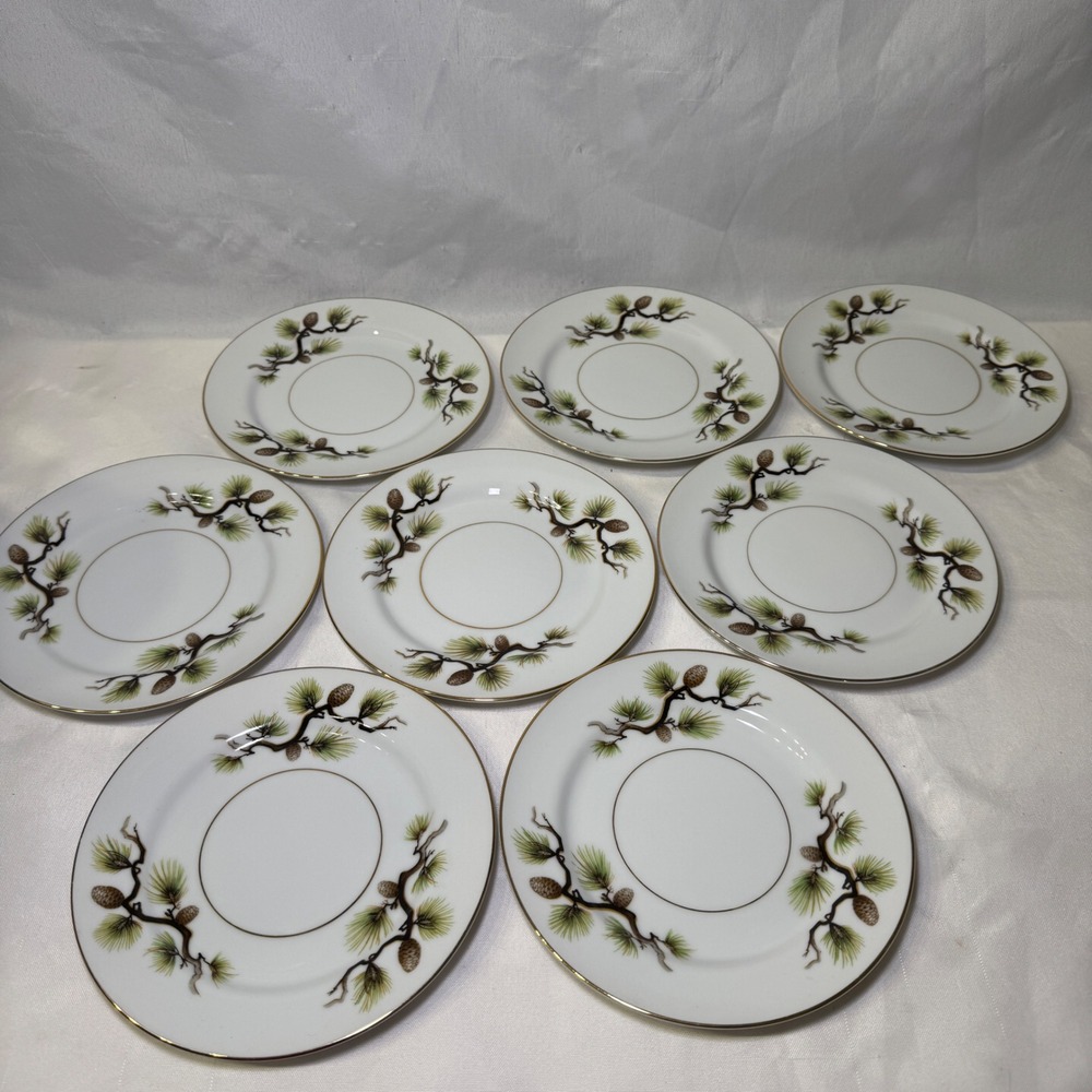 Narumi Japan Fine China Shasta Pine‎ Bread Butter Plates Set of 8 Gold Trim MCM